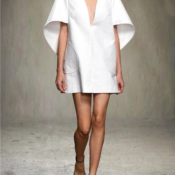 White Mini Dress with Dolman Sleeves and Plunge Neckline - Picture 2 of 7
